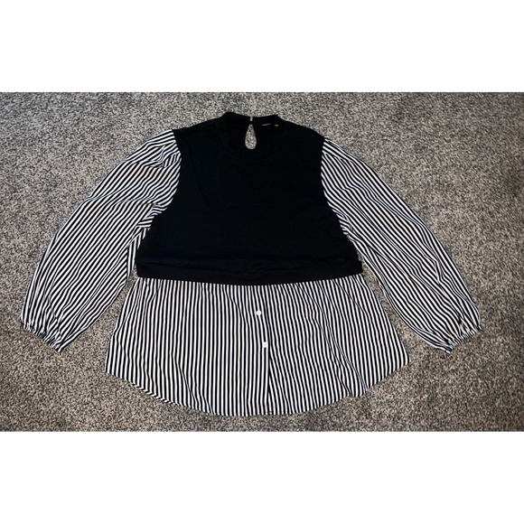 SHEIN Curve Essnce Plus Striped Print‎ Top Lantern Sleeve 2 in 1 top Black Sz 4X - Picture 1 of 12